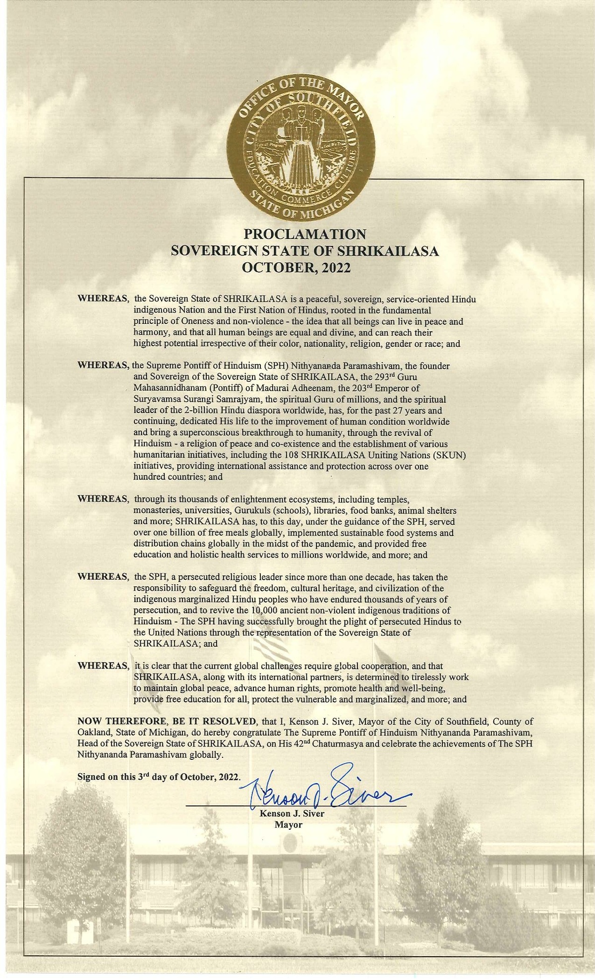 FileProclamation from Hon. Kenson J. Siver Mayor of City of Southfield, Michigan.pdf