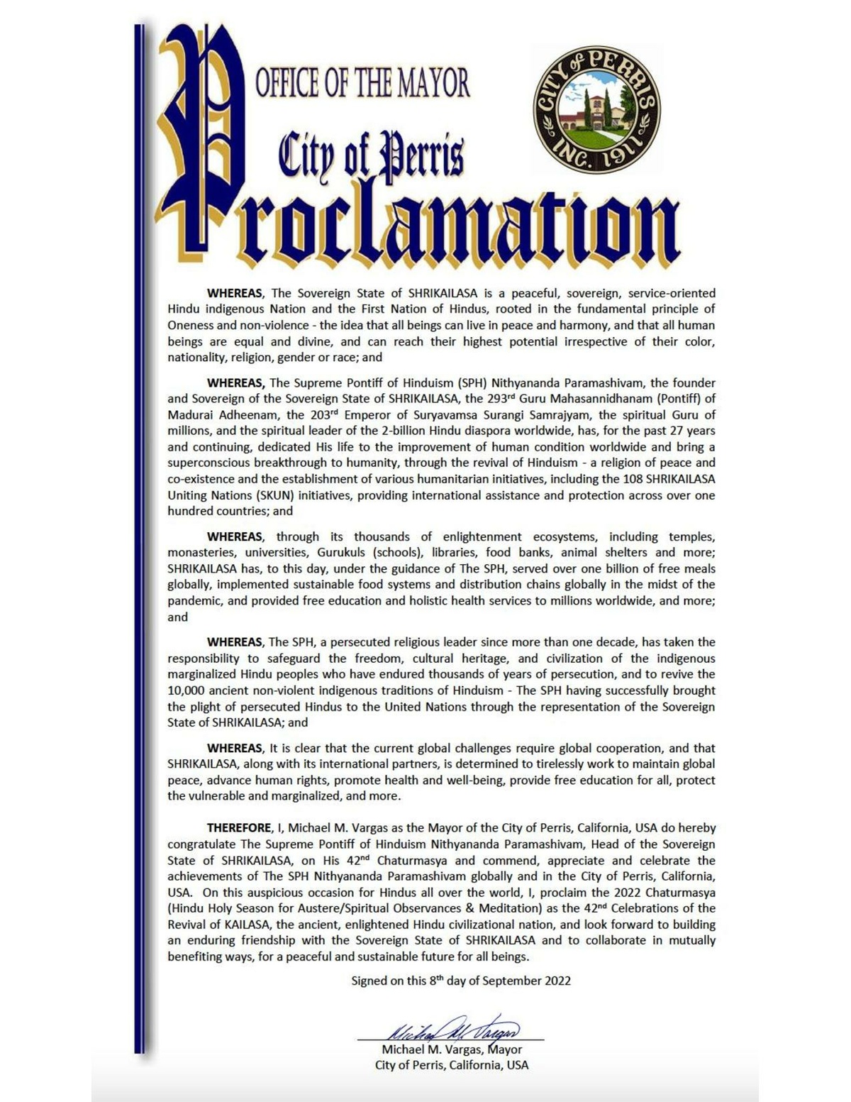 FileProclamation from Hon. Michael M. Vargas Mayor of City of Perris