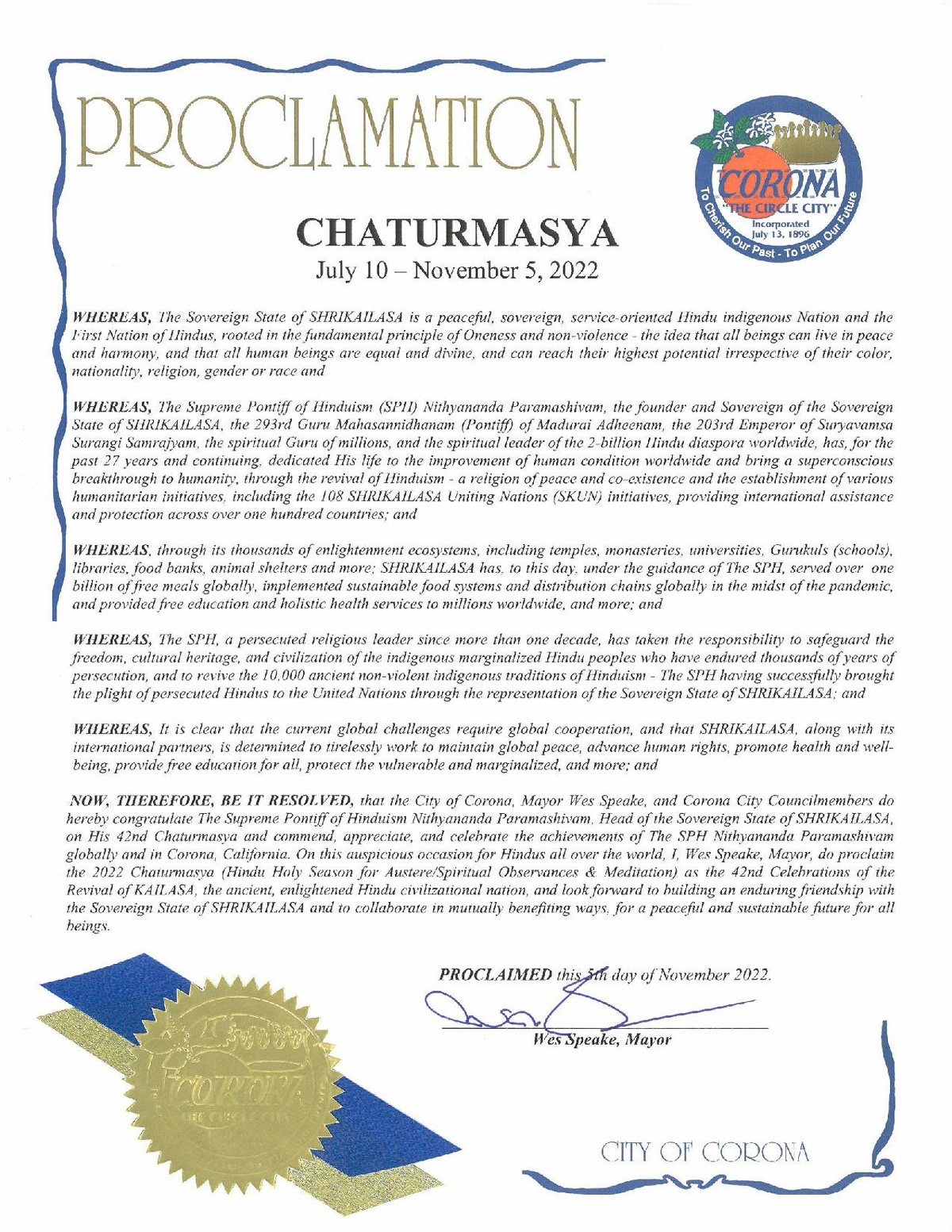 File:Proclamation from Hon. Wes Speake - Mayor of City of Corona ...